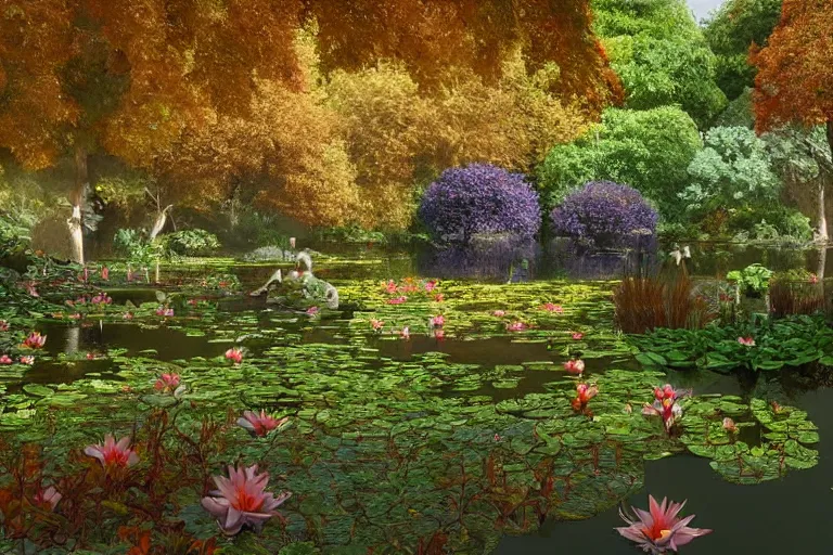 Image similar to A lovely overgrown temple in a pond full of lily pads with autumn!!! trees overhead and blue aberrant skies, trending on artstation, 4k, 8k, 3D!!! still!!! illustrated and reimagined by Max Hay, yellow dappled lighting, eye-level view!!, artstation 3d, artstation render, artstation 3d render, 3d art, unreal engine 3d, octane 3d, blender 3d, 3d landscape, photorealistic imagery, photorealistic details, intricate, highly detailed, fisheye!!!! view!!!!, lens distortion!!!!, chromatic!!!! aberration!!!!