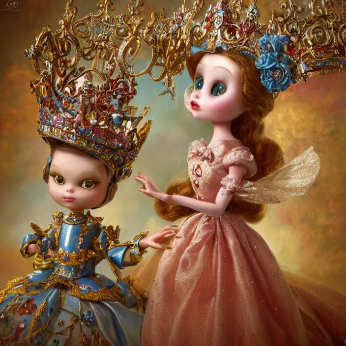 Prompt: highly detailed closeup, portrait of a tin toy fairytale princess wearing a crown, unreal engine, nicoletta ceccoli, mark ryden, earl norem, lostfish, global illumination, detailed and intricate environment