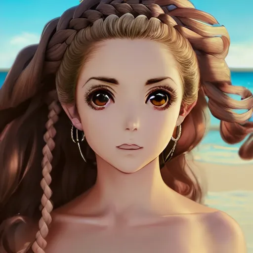 Prompt: a very beautiful anime Elizabeth Taylor, full body, long braided curly blonde hair, twisted braids, golden watery eyes, full round face, short smile, pale pink bikini, serene beach setting, cinematic lightning, medium shot, mid-shot, highly detailed, trending on artstation, Unreal Engine 4k, cinematic wallpaper by Gil Elvgren, Robert Maguire, Rossdraws, James Jean, Andrei Riabovitchev, Marc Simonetti, and Sakimichan