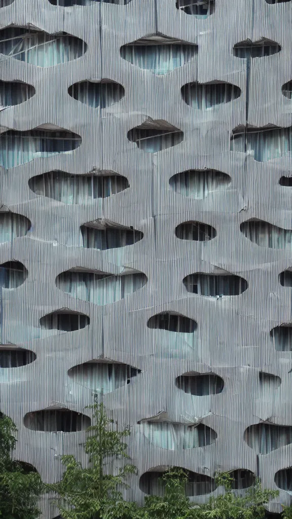 Prompt: hyperrealistic photo of a futuristic timber clad building in a urban setting. the building has many balconies with hanging plants and large windows. parts of the building are wrapped in billowing fabric tarps. the fabric tarps are translucent mesh with large holes for balconies and windows. the fabric hangs from metal scaffolding. 8 k