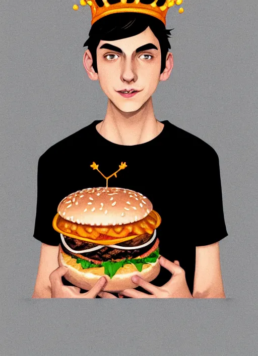 Image similar to portrait of teenage jughead jones wearing a light grey crown, symmetrical crown, sweater with picture of hamburger, eyes closed, crown, black hair, orange, intricate, elegant, glowing lights, warm lighting, highly detailed, digital painting, artstation, concept art, smooth, sharp focus, illustration, art by wlop, mars ravelo and greg rutkowski