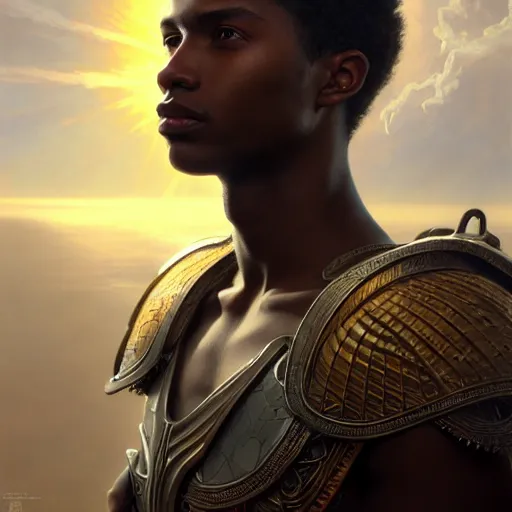 Image similar to portrait painting of a sun - kissed young melancholic man with a soft face and short blonde hair wearing armor, ultra realistic, concept art, intricate details, eerie, highly detailed, photorealistic, octane render, 8 k, unreal engine. art by artgerm and greg rutkowski and charlie bowater and magali villeneuve and alphonse mucha