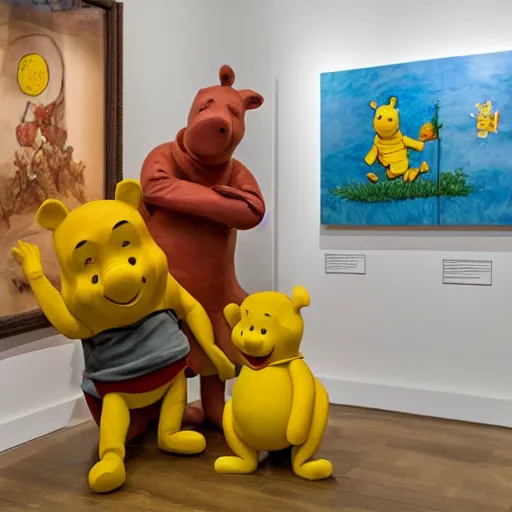 Prompt: winnie the pooh and Piglet visit a gallery, exhibition about honey, paintings of honey, sculptures of bees, plinths made of wood, white gallery, contemporary art, photorealistic