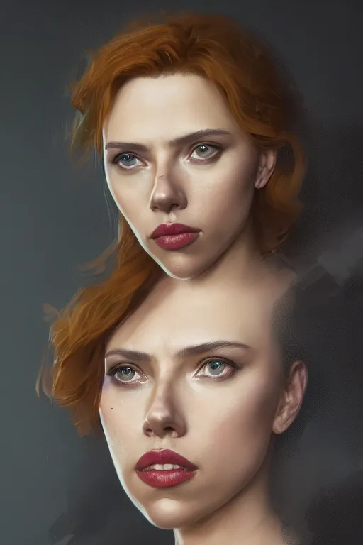 Image similar to a fancy portrait of a Scarlett Johansson as black widow by Greg Rutkowski, Sung Choi, Mitchell Mohrhauser, Maciej Kuciara, Johnson Ting, Maxim Verehin, Peter Konig, final fantasy , mythical, 8k photorealistic, cinematic lighting, HD, high details, atmospheric,