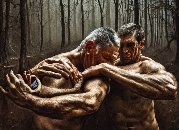 Image similar to photo, arm wrestlers, woodland location, stefan kostic and david cronenberg, realistic, sharp focus, 8 k high definition, intricate, chiaroscuro, elegant, perfect faces, symmetrical face, extremely detailed, hypnotic eyes, realistic, fantasy art, masterpiece zdzislaw beksinski, national geographic, artgerm