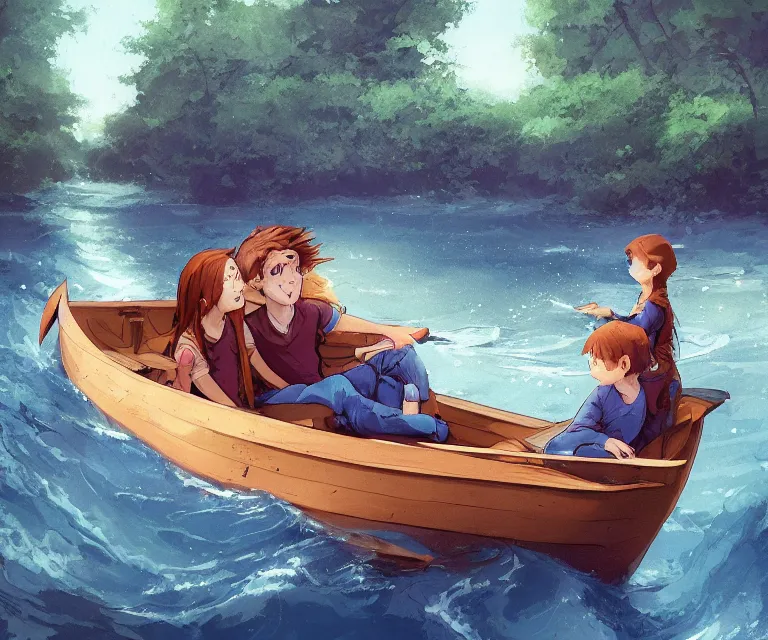Image similar to one girl with long, flowing auburn hair, and one boy with short brown hair sitting together in one single small wooden paddle boat sailing down a narrow river in a forest, rocky shore, trees, shady, blue waters, ripples, waves, reflections, details, sharp focus, illustration, by Jordan Grimmer and greg rutkowski, Trending artstation, pixiv, digital art