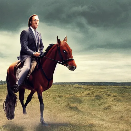 Image similar to saul goodman riding a horse while holding a sword, tv still