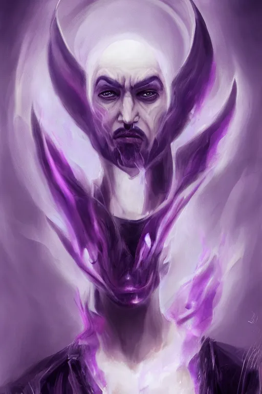 Prompt: male djinn man demon hybrid, warlock, portrait, concept art, purple cloak, single face, illustration, costume design, white spiral horns, editorial photo, fashion, hyperrealism, realism, trending on artstation, Charlie Bowater, WLOP