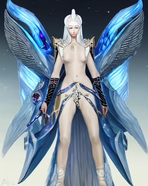 Image similar to perfect white haired egyptian goddess wearing white dove wings, warframe armor, regal, attractive, ornate, sultry, beautiful, charlize theron, half asian, pretty face, blue eyes, detailed, scifi platform, 4 k, ultra realistic, epic lighting, cinematic, masterpiece, art by akihito tsukushi, voidstar, trending on artstation