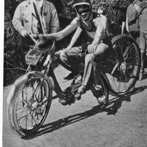 Prompt: 1 9 3 0's photo of martian on a bike