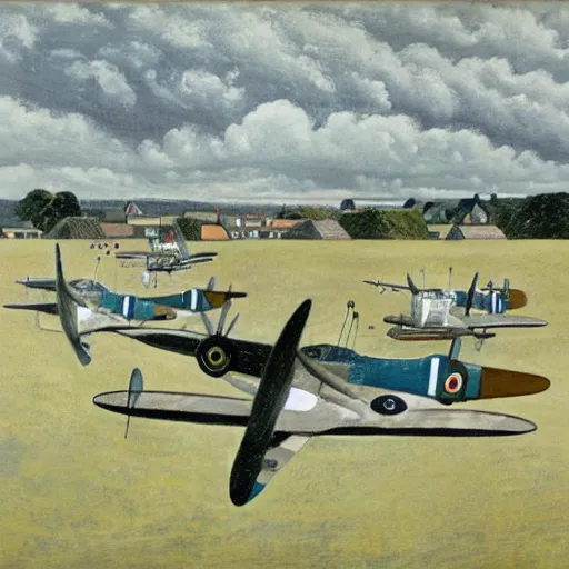 Prompt: spitfires at sawbridgeworth, eric ravilious, 1 9 4 2