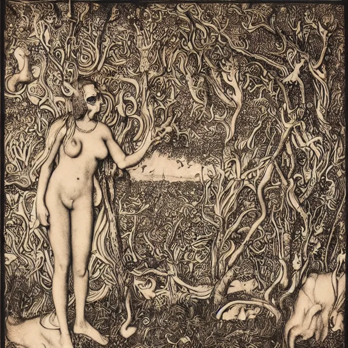 Image similar to a wide landscape with a tattood priestess with animal stripes and antlers transforming into a tree while the stars shine above like flower by jan van eyck, ernst fuchs, nicholas kalmakoff, joep hommerson, character, full body, catsuit, max ernst, hans holbein, lace