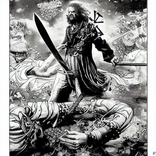 Image similar to Frank Zappa golden Vagabond magic swordsman glides through a beautiful battlefield magic the gathering dramatic esoteric!!!!!! pen and ink!!!!! illustrated in high detail!!!!!!!! by Hiroya Oku!!!!! Written by Wes Anderson graphic novel published on shonen jump 2002 award winning!!!!