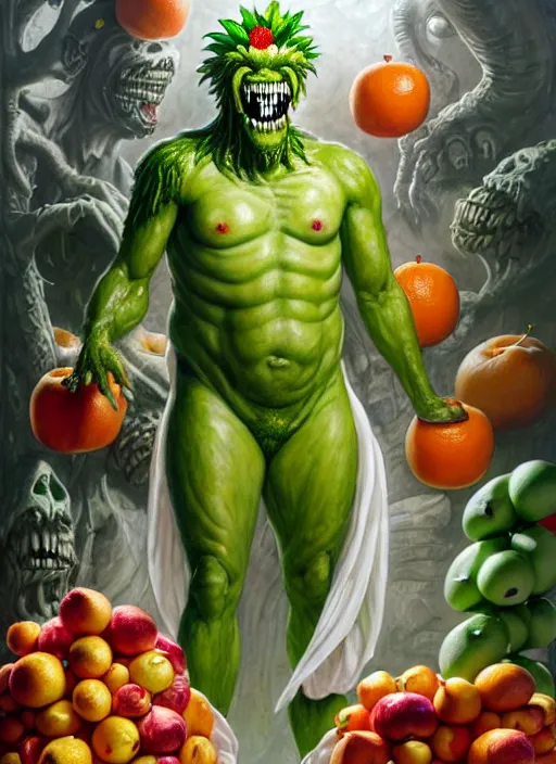 Image similar to full body shot of a monster man in a white toga, green skin, dressed in all white, clothes covered in different fruit, apples, oranges, bananas, intricate, highly detailed, concept art, hyperrealistic, oil painting by greg staples and tristan eaton, 8 k