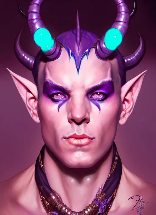 Image similar to symmetry!! portrait of a male purple and teal skinned tiefling with demon horns and piercings, glowing lights!! intricate, elegant, highly detailed, digital painting, artstation, concept art, smooth, sharp focus, illustration, art by artgerm and greg rutkowski and alphonse mucha