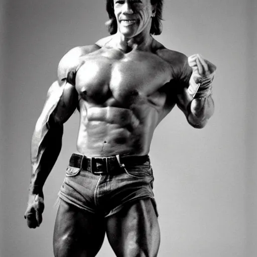 Image similar to photograph of Arnold Schwarzenegger but skinny