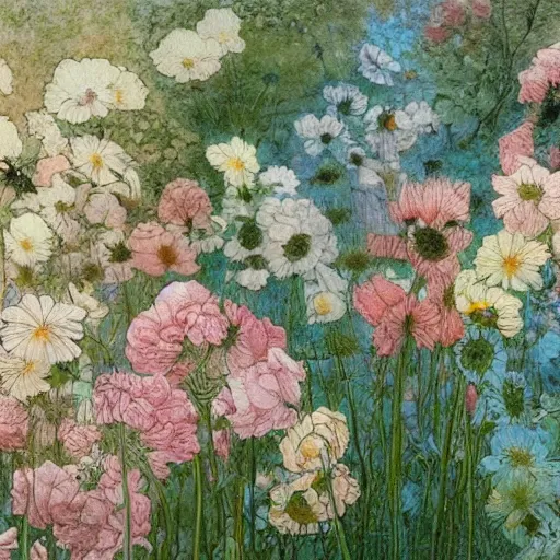 Prompt: This painting is a large canvas, covered in a wash of color. In the center is a cluster of flowers, their petals curling and twisting in on themselves. The effect is ethereal and dreamlike, and the overall effect is one of serenity and peace. caput mortuum, chalk art by W. Heath Robinson, by Albert Bierstadt, by Abbott Fuller Graves AWESOME, detailed