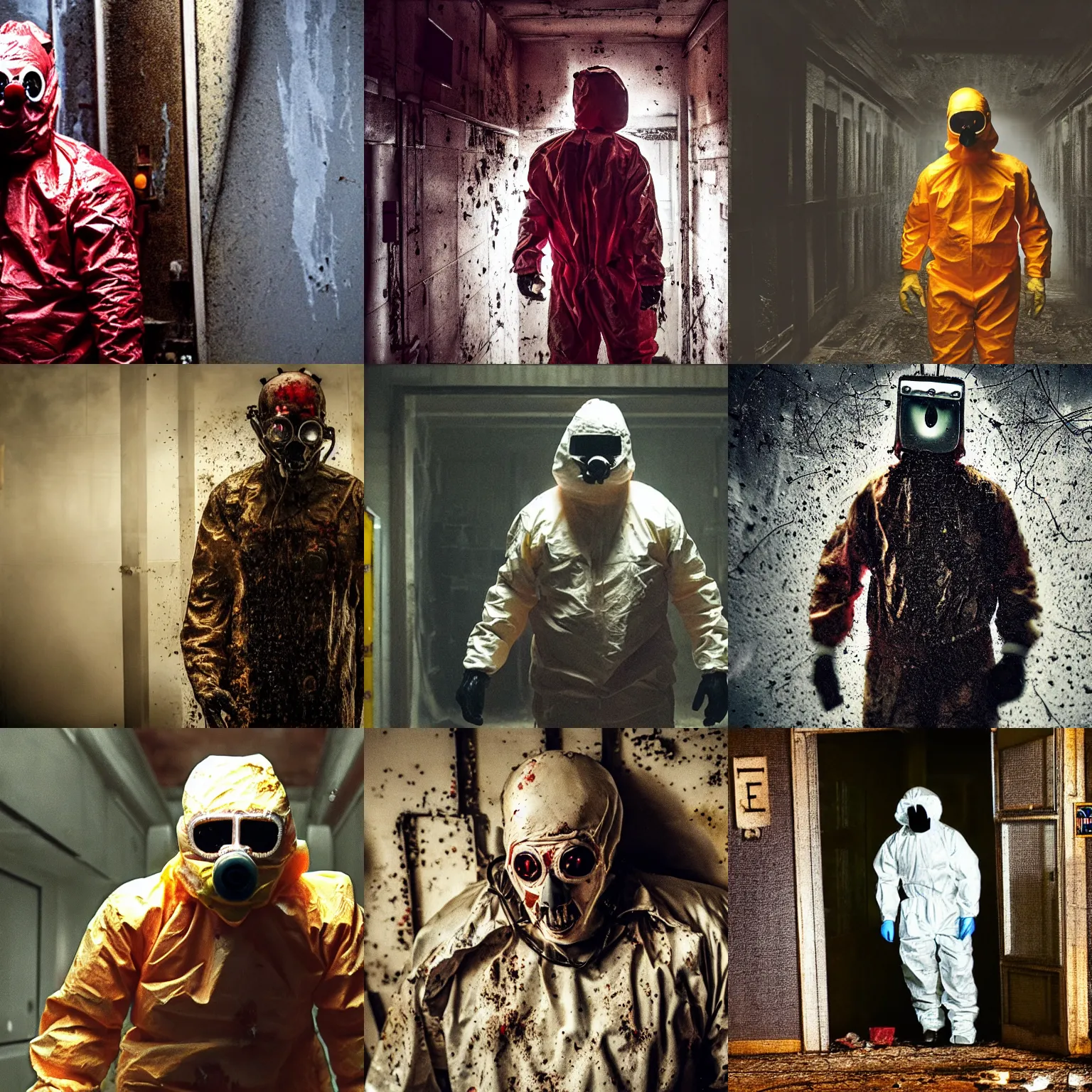 Prompt: still from the movie saw, extreme long shot of a man in a bloody hazmat suit, spooky, horror, award winning photo, high detail, atmospheric, 8k