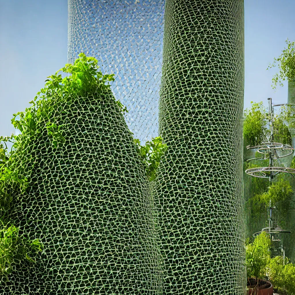 Image similar to torus shaped electrostatic water condensation collector tower, irrigation system in the background, vertical vegetable gardens under shadecloth and hexagonal frames, in the middle of the desert, XF IQ4, 150MP, 50mm, F1.4, ISO 200, 1/160s, natural light