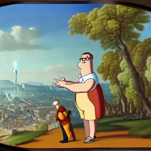 Image similar to Peter Griffin visits 1750 Paris , in the style of the Hudson River School