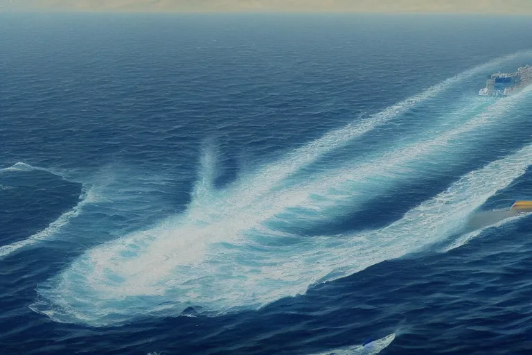 Image similar to ocean liner sinking with water crashing over the ship, bird's eye view, realist painting, 4k high res