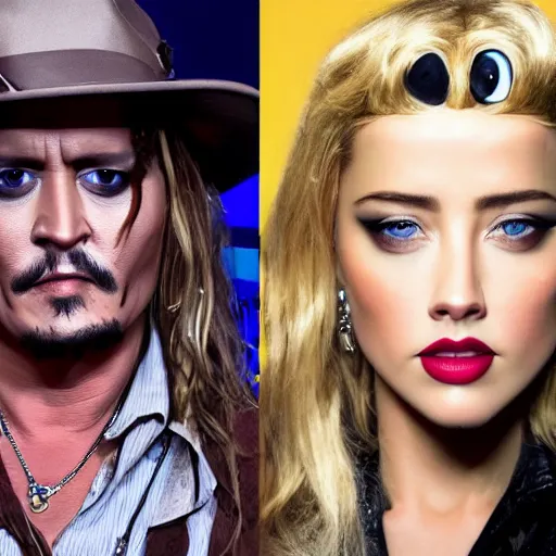 Prompt: UHD Amber Heard and Johnny Depp rolling in brown blobs, recreated in robot chicken