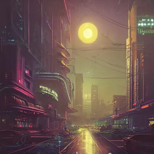 Prompt: A cityscape at night, with a full moon, neon lights, cyber punk setting, steam punk machinery, top-rated, award winning, cityscape, science fiction, futuristic, shadows, technical, highly detailed, digitally painted, illustration, by Simon Stålenhag and Greg Rutkowski