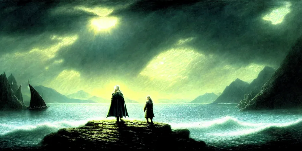 Image similar to lord of the rings scenery landscape, a hobbit out at a staring across the sea from the shore at a white timber sail boat leaving harbour, evening bright stars, highly detailed, vivid colour, soft clouds, cinematic lighting, perfect composition, gustave dore, derek zabrocki, greg rutkowski, belsinski