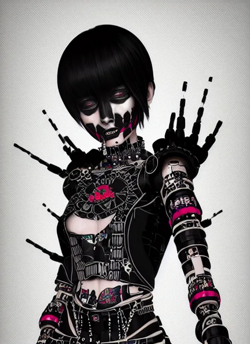 Image similar to full body portrait of a gothic style punk geisha robot with kanji tattoos and decals wearing a digital pixelated kimono, intricate design, photo - realistic, octane render, dark colour palette, ultra fine detailed, character design, trending on artstation