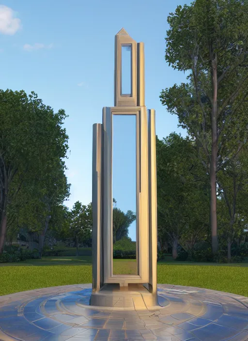 Image similar to highly detailed realistic architecture 3 d render of a futuristic mirrored stele monument in frank lloyd wright style standing in city park, archdaily, made in unreal engine 4 octane render