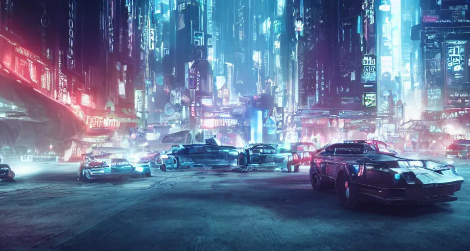 Image similar to An epic, distopian cityscape with many cars in the style of bladerunner with a blond man in a suit in the center and another man in a Trenchcoat talking to hin in secret, unreal 5, DAZ, hyperrealistic, octane render, volumetric clouds, dynamic lighting