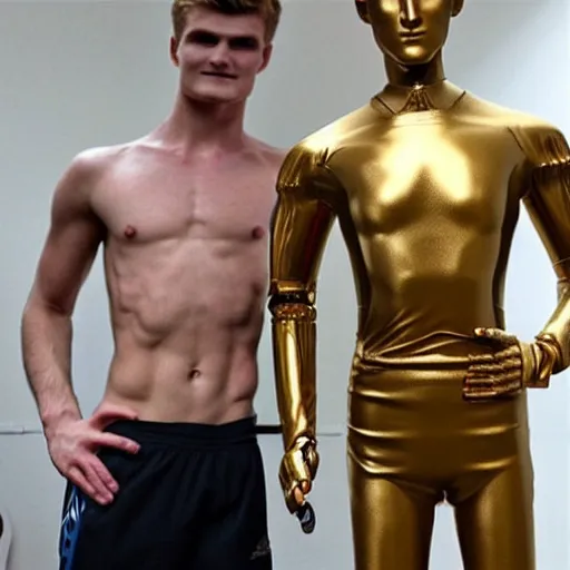 Prompt: a realistic detailed photo of a guy who is an attractive humanoid who is half robot and half humanoid, who is a male android, soccer players martin ødegaard & timo werner, shiny skin, posing like a statue, blank stare, in a living room, on display, showing off his muscles, gold soccer shorts, no jersey, statue, many copies of them