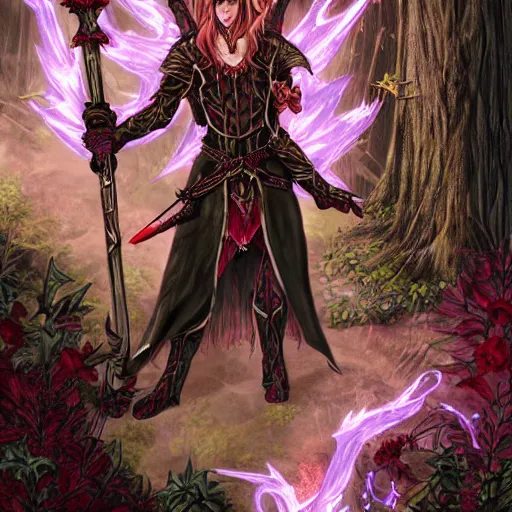 Image similar to a photo of an elven high mage with a staff having a magic standoff with a succubus demon in a magical forest. The demon is mostly red and black colored, and is armored. The elf wears robes.