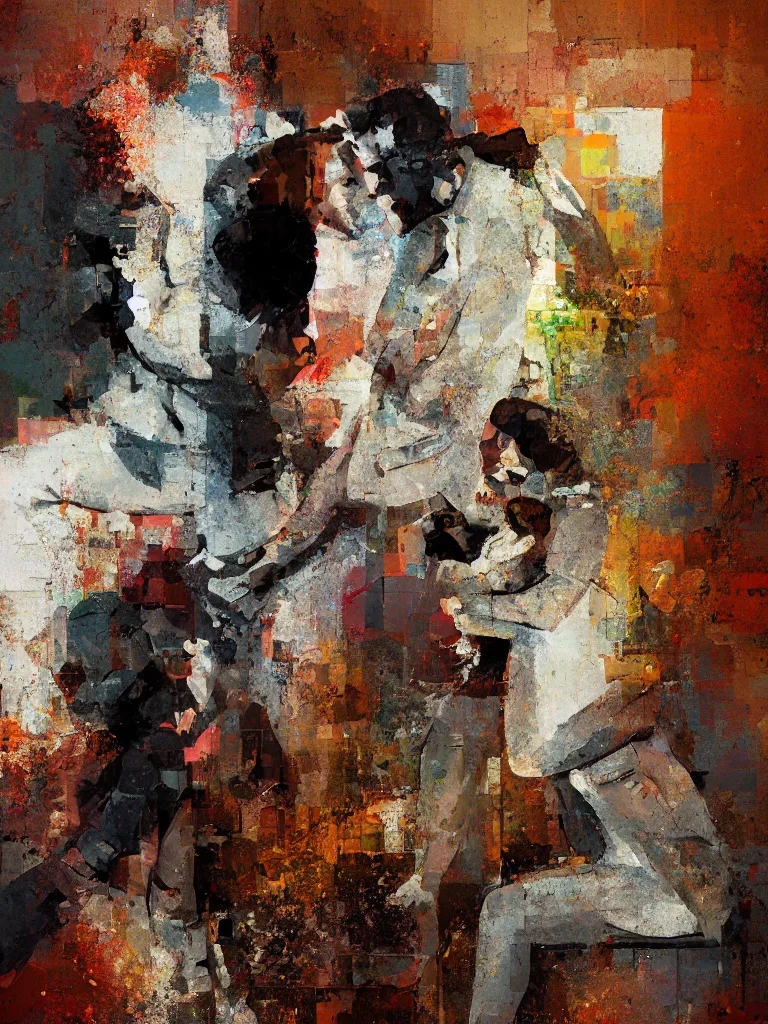 Image similar to a beautiful painting by alex kanevsky and christian hook of a couple in a glitched bathroom, metal rust and plaster materials, pixel sorting, color bleeding, brushstrokes by jeremy mann