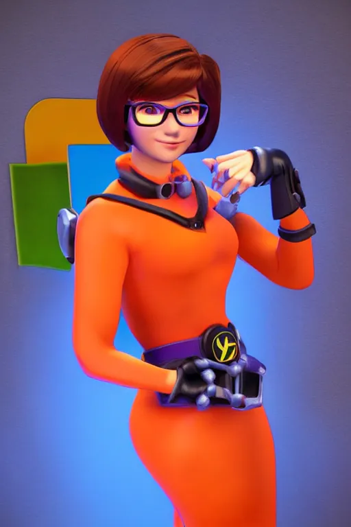 Image similar to Velma from Scooby Doo, overwatch main character Blizzard pixar 3d maya engine on stylized background splash comics global illumination lighting,