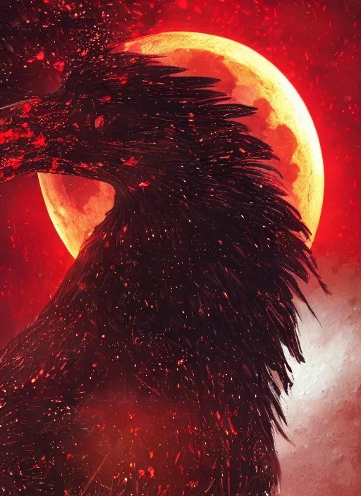 Image similar to Big glowing moon is very important, red and golden color details, portrait, A crow with red eyes in front of the full big moon, book cover, red roses, red white black colors, establishing shot, extremly high detail, foto realistic, cinematic lighting, by Yoshitaka Amano, Ruan Jia, Kentaro Miura, Artgerm, post processed, concept art, artstation, raphael lacoste, alex ross, portrait, A crow with red eyes in front of the full big moon, book cover, red roses, red white black colors, establishing shot, extremly high detail, photo-realistic, cinematic lighting, by Yoshitaka Amano, Ruan Jia, Kentaro Miura, Artgerm, post processed, concept art, artstation, raphael lacoste, alex ross