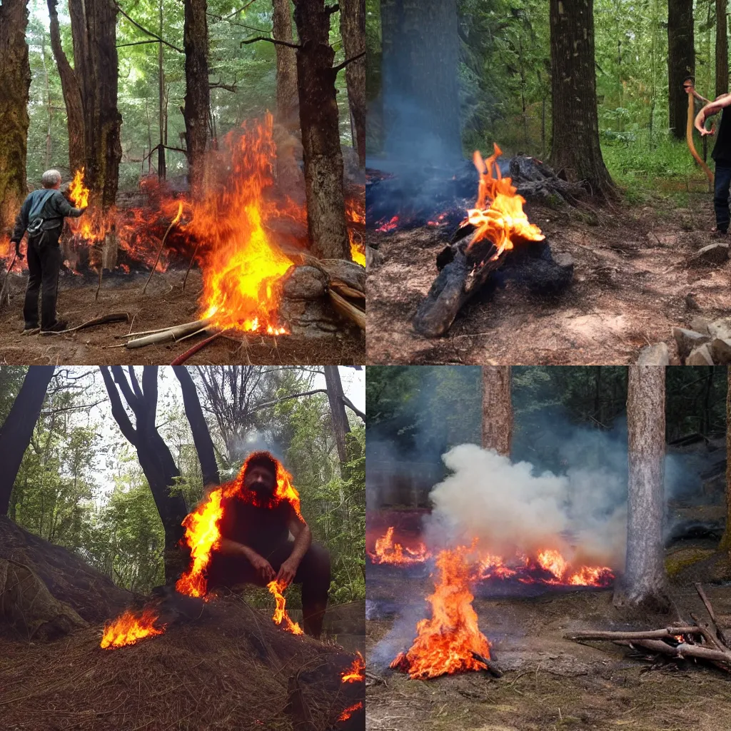 Prompt: caveman burning down sacred forest because he has just discovered fire