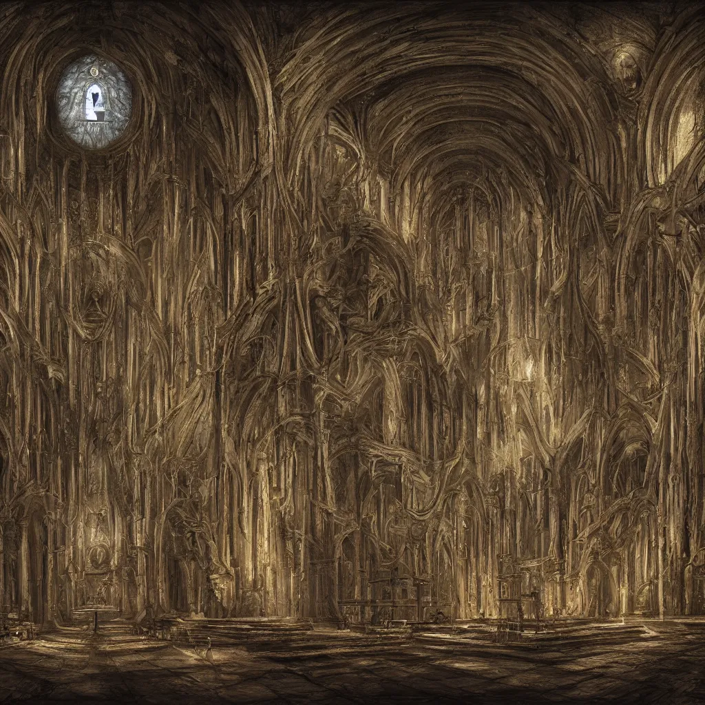 Image similar to digital painting of church interior designed by H R Giger, H.R. Giger style, Alien, Necronomicon, concept art, matte painting, digital painting, realism, 8K, RAW, unedited, symmetrical balance, in-frame