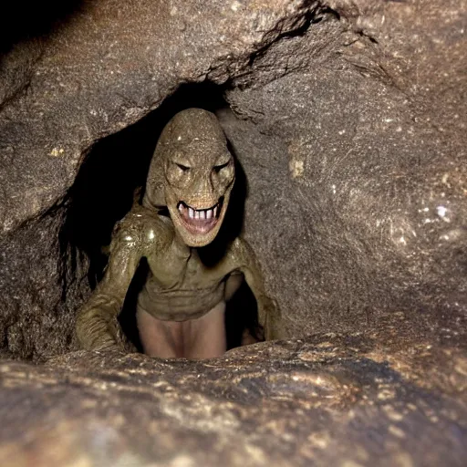 Image similar to photo inside a cavern of a wet reptilian humanoid partially hidden behind a rock, with black eyes and big teeth