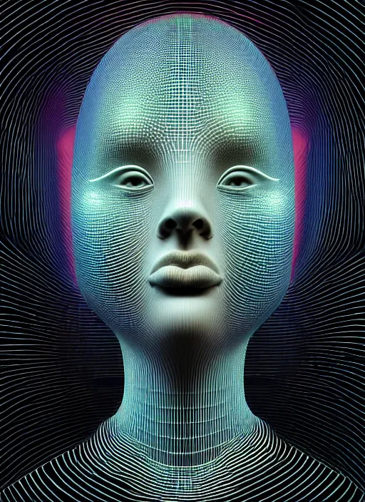 Image similar to highly detailed surreal vfx avante garde portrait of a 3 d head made of speaker stacks. 🔈 polyphonic pulse projections, liquid light, metallic, galactic, crystalline edges, elegant, centered, photorealistic, inspired by james jean, okuda sam miguel, android jones, beeple, rhads nvidia raytracing demo, 8 k