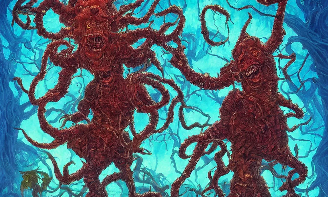 Image similar to demigorgon from stranger things in magic : the gathering card art. high saturation painting in the style of rebecca guay.