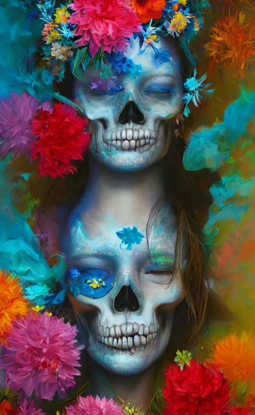 Prompt: a beautiful oil painting hyperrealism of a beautiful woman, skull makeup, flowers, floral headdress, 8 k resolution, octane render, trending on artstation, by gediminas pranckevicius, volumetric light 2 blue fractal thunder glow by dan mumford, anaglyph effect, laurie lipton