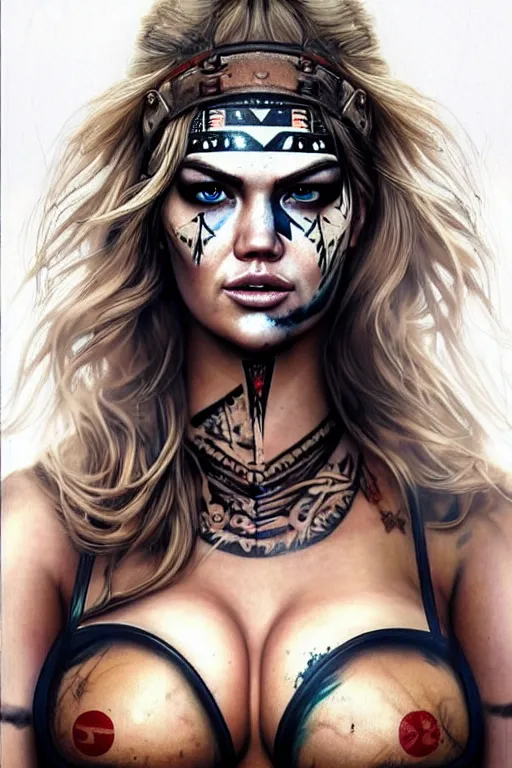Image similar to gorgeous!! hyper - realistic woman resembling kate upton as a post - apocalyptic warrior girl with tattoos & tribal face paint, bikini + tattered military gear, holding a rocket launcher | drawn by wlop, drawn by jeehyung lee, drawn by artgerm | smooth, sharp focus, intricate