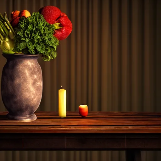 Image similar to a large vase on top of a antique wooden table, vegetables on table and candle, medieval concept art, cinematic lightning and colors, vray tracing, rendered in unreal engine, dark lightning, contrast shadows