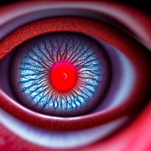 Image similar to a detailed extremely close up of inside the iris, cornea, red image, microscopic, extremely close up drawing by junji ito, cgsociety, generative art, lovecraftian, parallax, cosmic horror, extremely detailed, hyperrealism, unreal engine, octane render, award winning, masterpiece, highly detailed, realistic, 4 k, digital