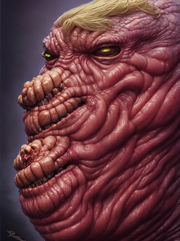 Image similar to hyperrealistic rendering, fat smooth cronenberg flesh monster trump by donato giancola and greg rutkowski and wayne barlow and zdzisław beksinski, eyeballs, epic boss battle, product photography, action figure, sofubi, studio lighting, colored gels, colored background