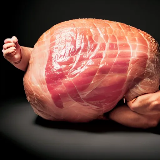 Image similar to uhd candid photo of a giant ham with the face of john hamm. photo by annie leibowitz.