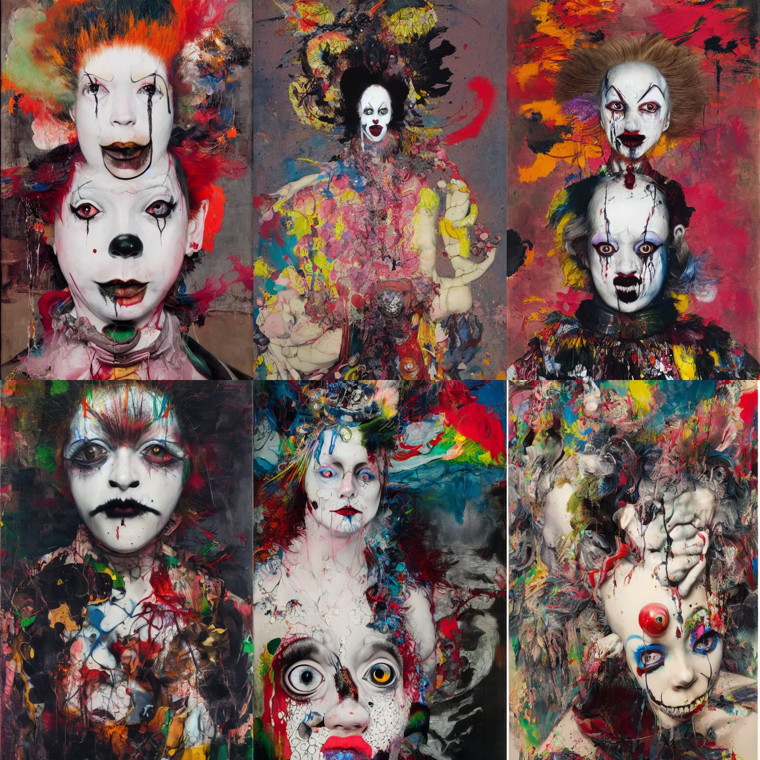 Image similar to clown girl, gothic, rich deep colours, painted by francis bacon, adrian ghenie, james jean and petra cortright, part by gerhard richter, part by takato yamamoto. 8 k masterpiece