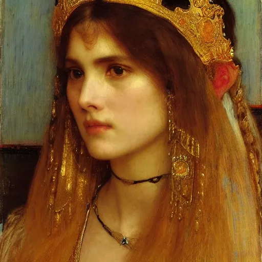 Prompt: orientalist portrait of an angry princess wearing a golden tiara intricate portrait by john william waterhouse Edwin Longsden Long and Theodore Ralli and Henryk Siemiradzki, very coherent symmetrical artwork. Cinematic, hyper realism, high detail 8k