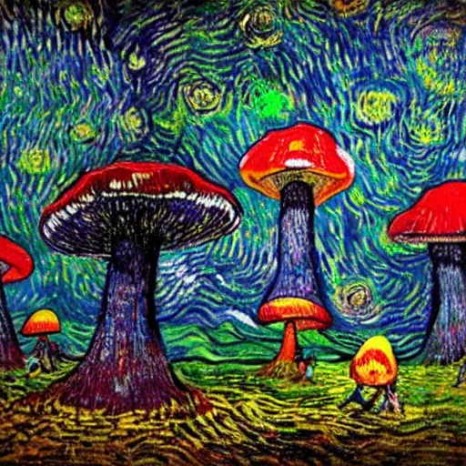 Image similar to psychedelic forest with small people on swings hanging from giant mushrooms, van Gogh